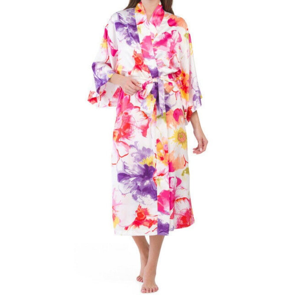 NEW Natori Women Soleli Satin Floral Watercolor Floral Belted Long Pocketed Robe - Picture 4 of 5